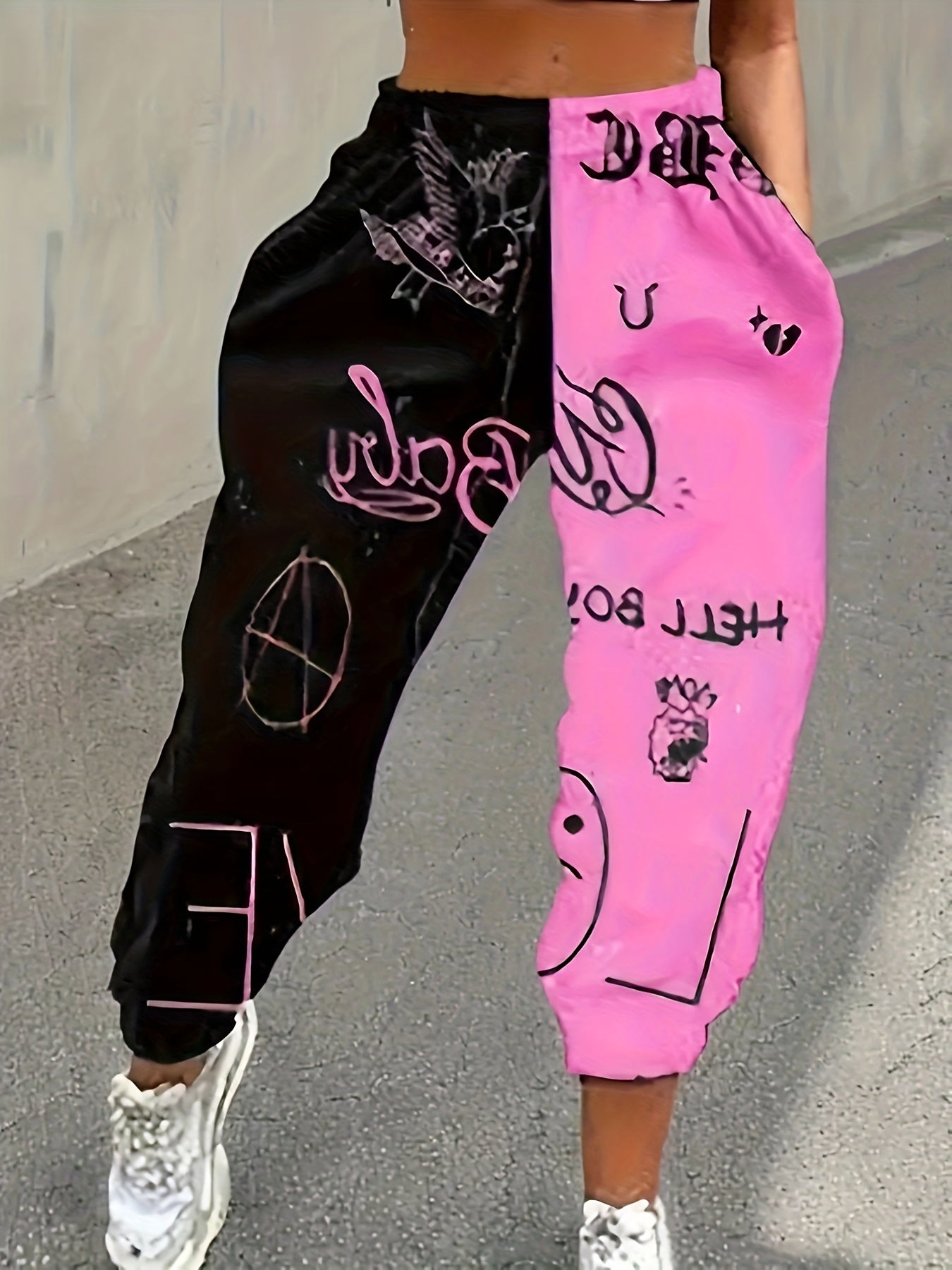 Women's Casual Jogger Pants - Loose-Fit Elastic Cuff Sweatpants with Black & Pink Color-Block Design, Letter & Graphic Prints (Hearts, Stars, Peace Signs), All-Season Machine Washable Lounge Pants for Women, Jogging Pants, Ca