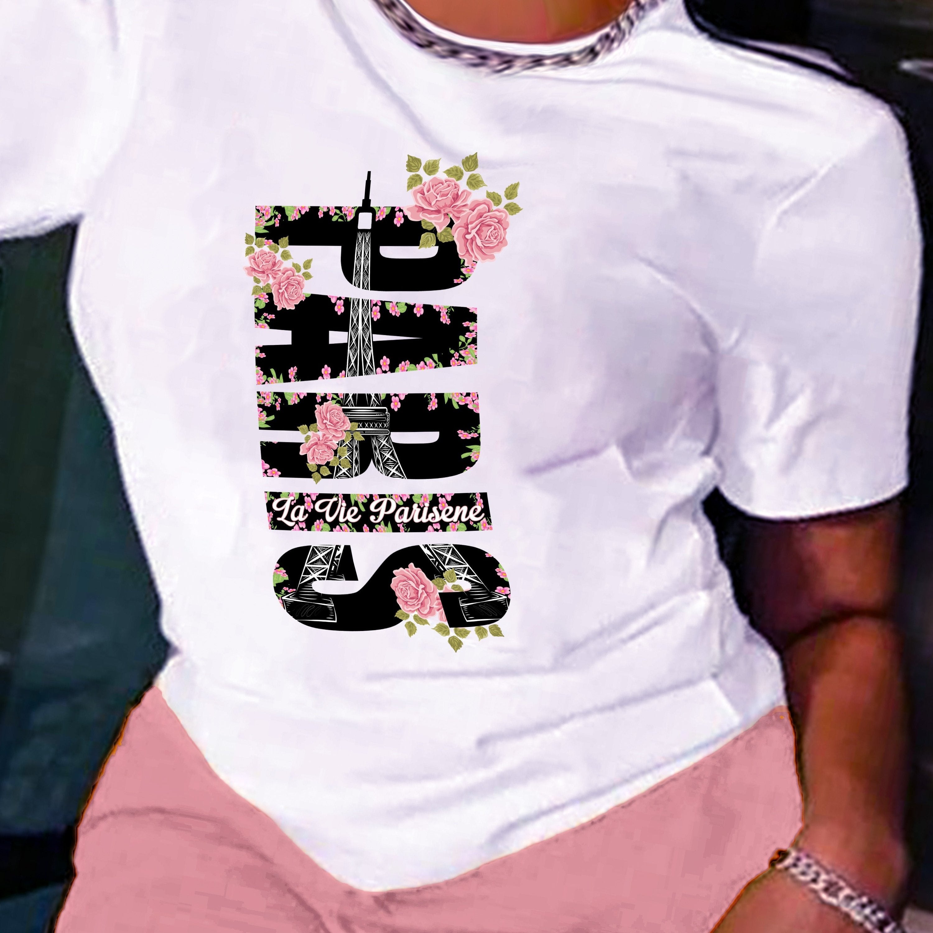 Women's Floral & Paris Letter Print T-Shirt, Casual Crew Neck Short Sleeve Top for Spring & Summer, Lightweight 180g/㎡, Pink with Black Eiffel Tower Design, Ladies T Shirts