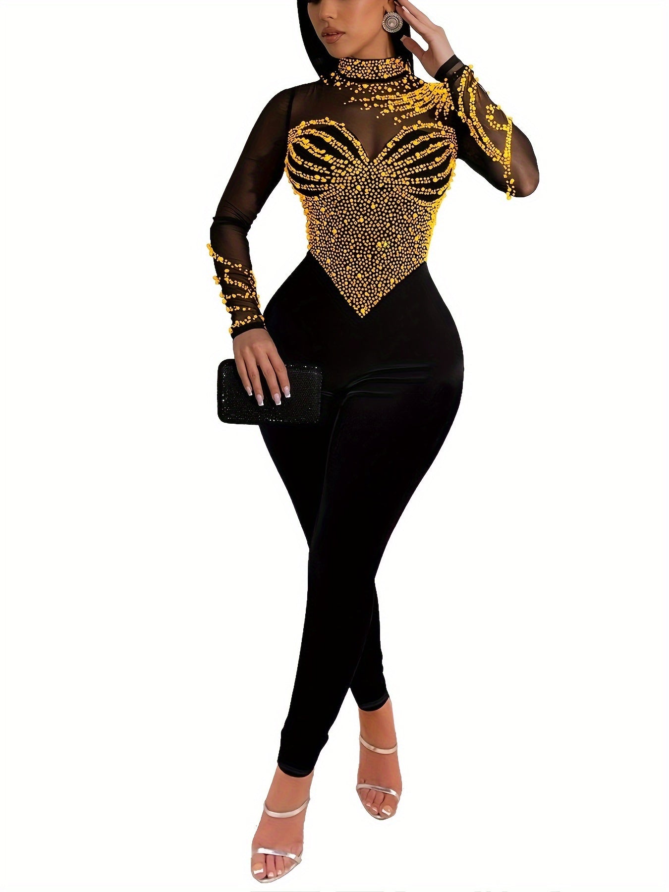Rhinestone Illusion Neck Jumpsuit, Elegant Long Sleeve Tight Jumpsuit For Party & Club - Women's Clothing -  Sparkly Rhinestone Design -  Suitable for Evening Events & Parties - Perfect Gift for Women