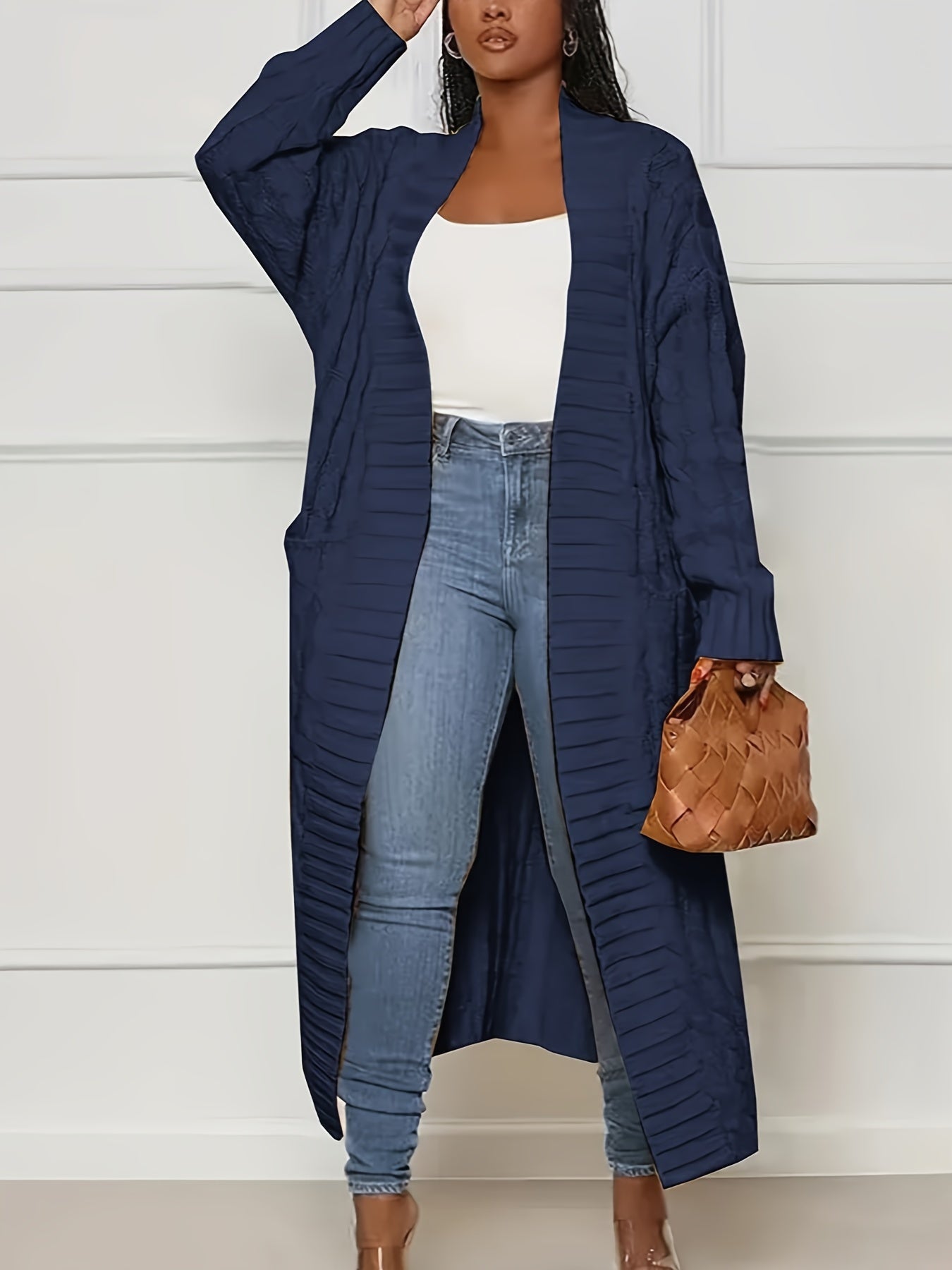 [Polyester Knit Cardigan] 100% Polyester Women's Casual Knit Cardigan - Solid Color Long Sleeve Open Front Sweater with Pockets - Versatile Knitwear for All Seasons