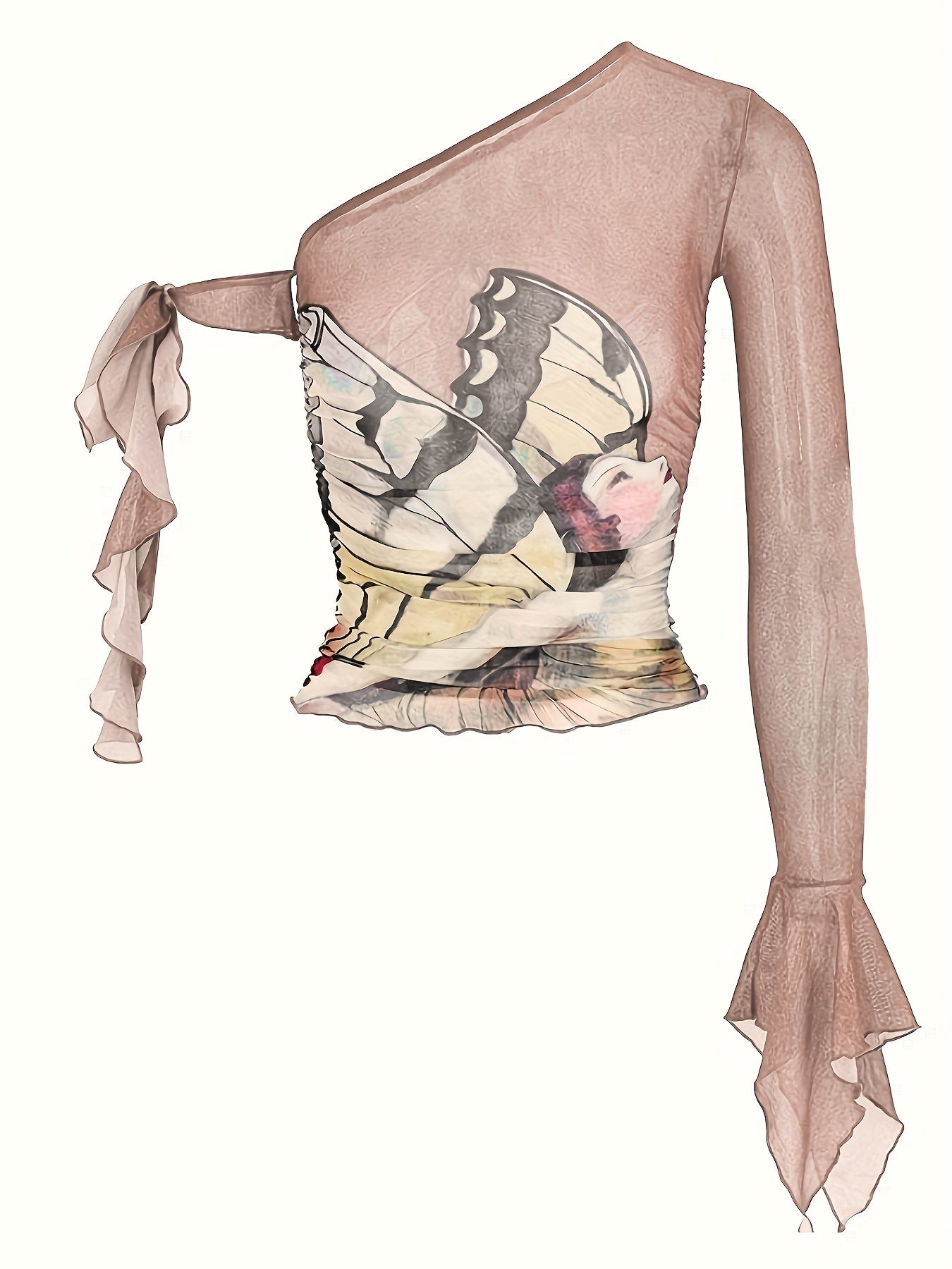 Figure Print Ruffle Trim Asymmetric T-shirt, Y2K Sheer Mesh Long Sleeve Top, Women's Clothing
