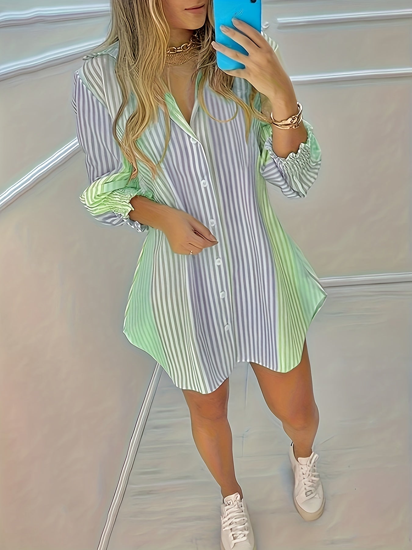 Striped Button Front Shirt, Elegant Long Sleeve Lapel Shirt - Women's Clothing -  Stylish & Comfortable - For Casual & Formal Occasions - Perfect Gift for Women