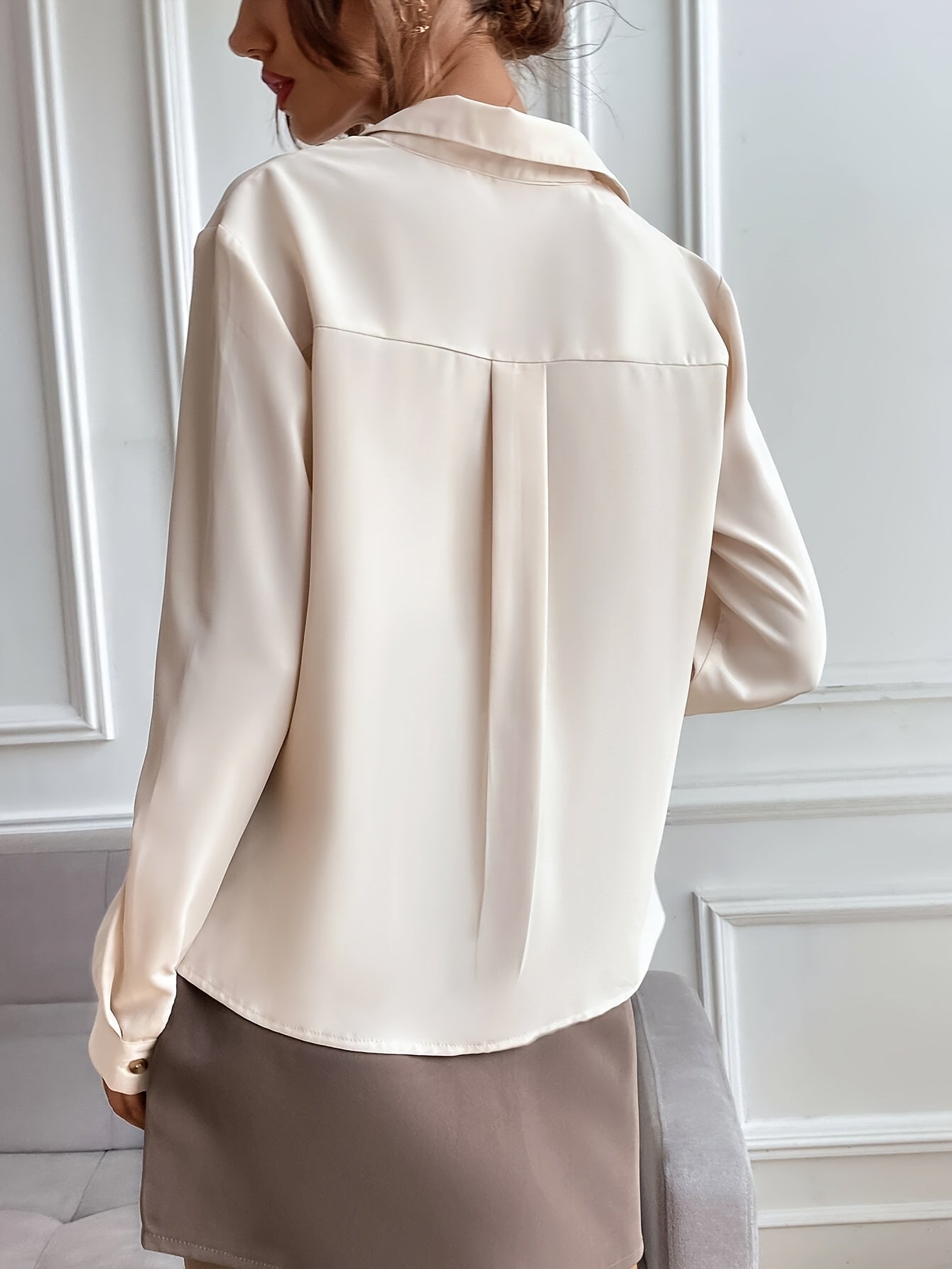 Flap Pockets Single Breasted Blouse - Elegant Long Sleeve Simple Blouse For Spring & Fall - Women's Clothing - Suitable for Casual & Office Wear - Perfect Gift for Women