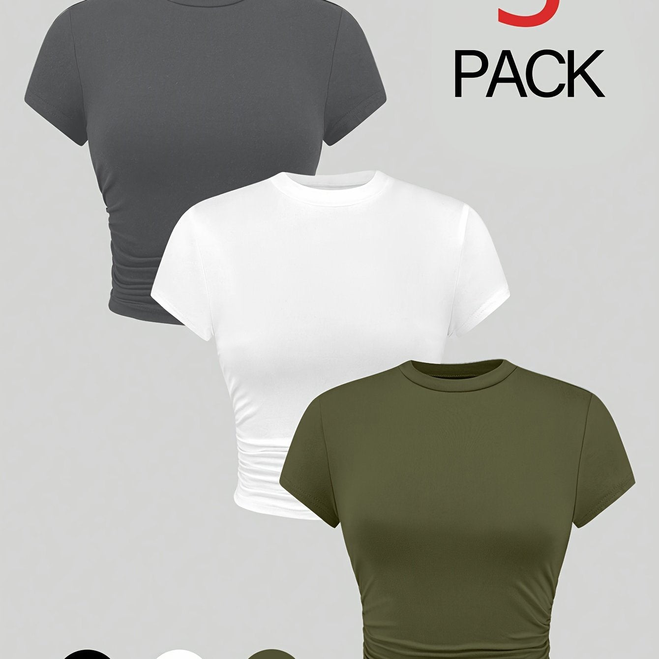 Solid Side Ruched T-shirt 3 Pack, Casual Crew Neck Short Sleeve T-shirt For Spring & Summer, Women's Clothing