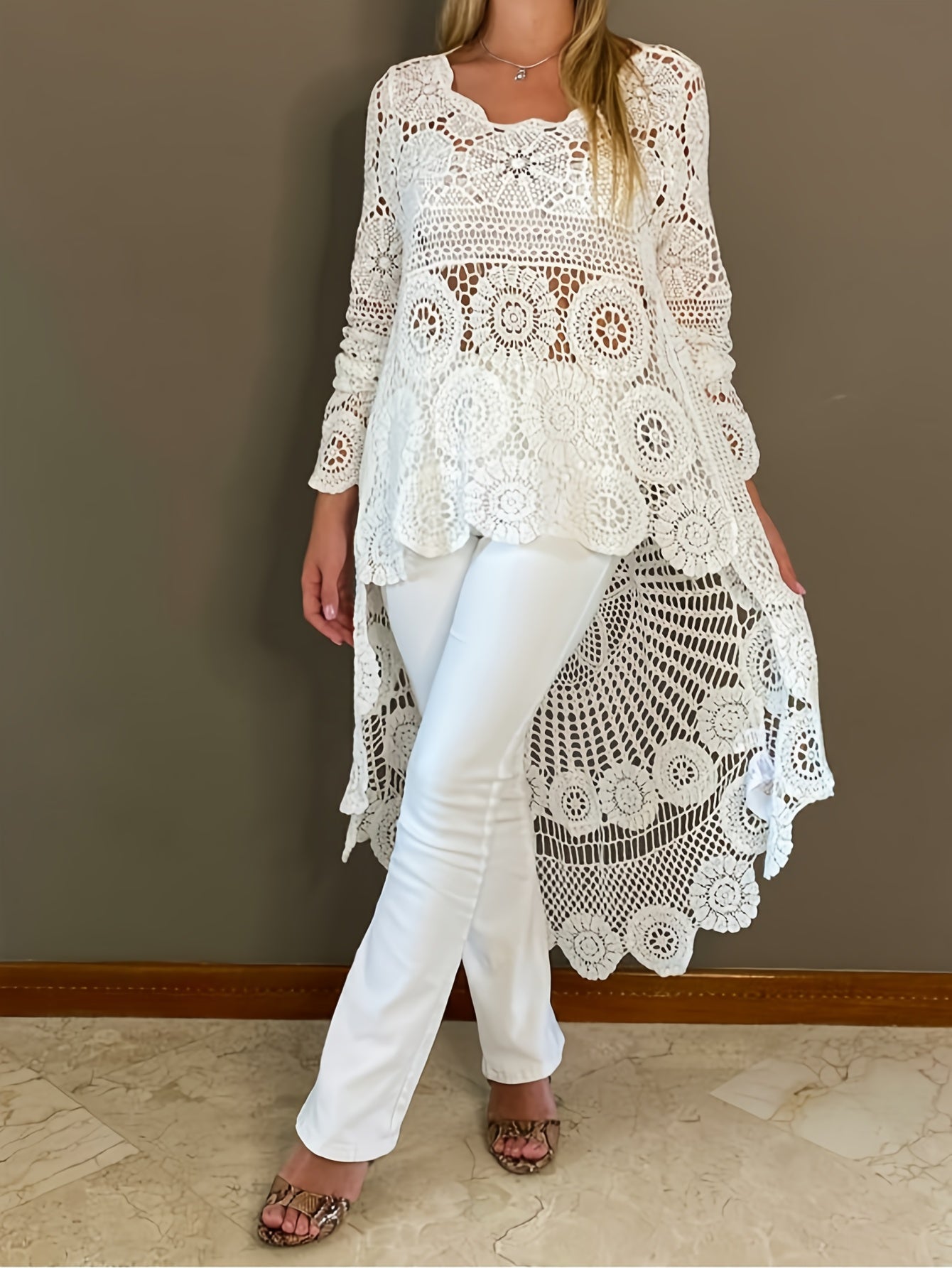 Women's Elegant Crochet Floral Pattern Cover-Up, Bohemian Style Long Sleeve Round Neck High-Low Hem Beach Tunic, Swimwear And Resort Wear For Women