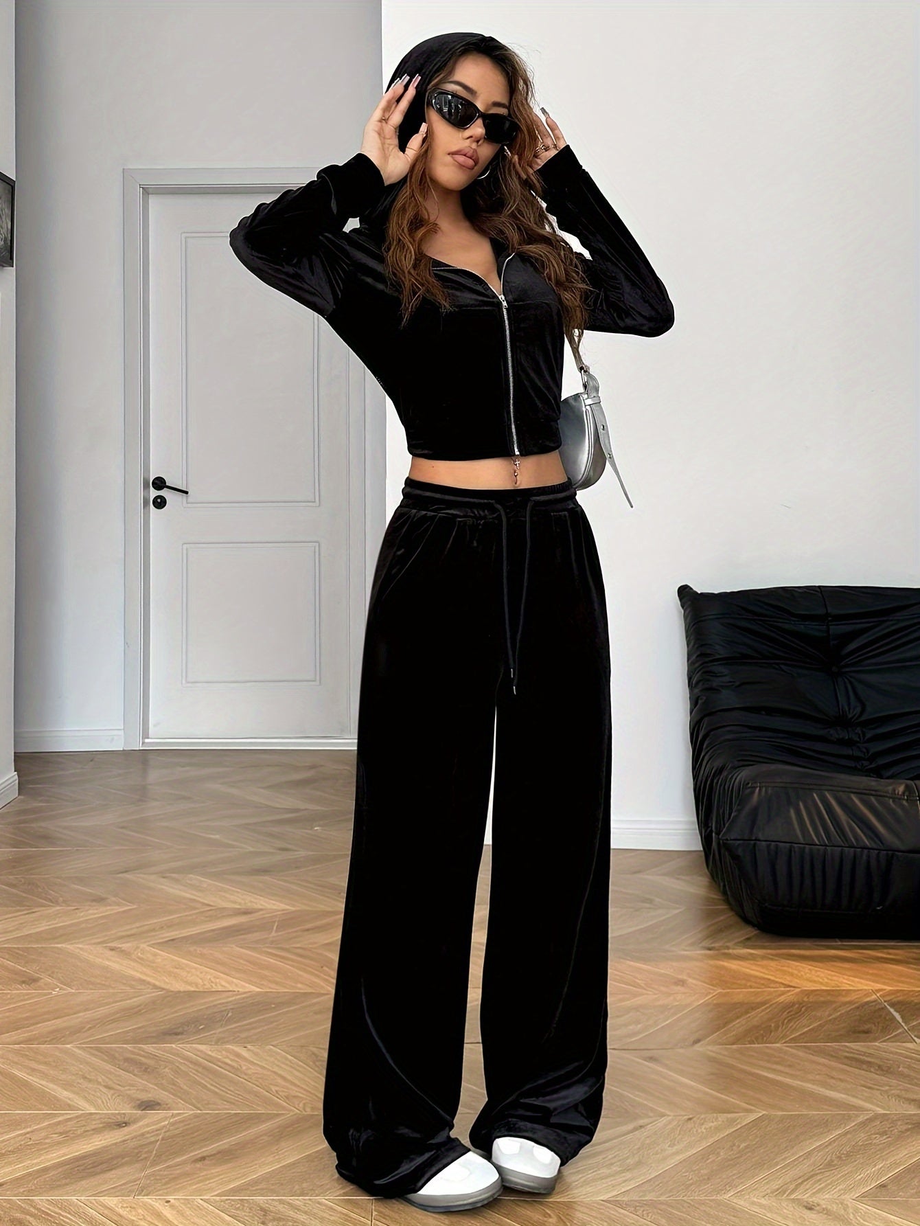 Spring/Summer Black Rhinestone Decorated Hooded Zipper Top and Pocket Pants Women's Casual Sports Suit