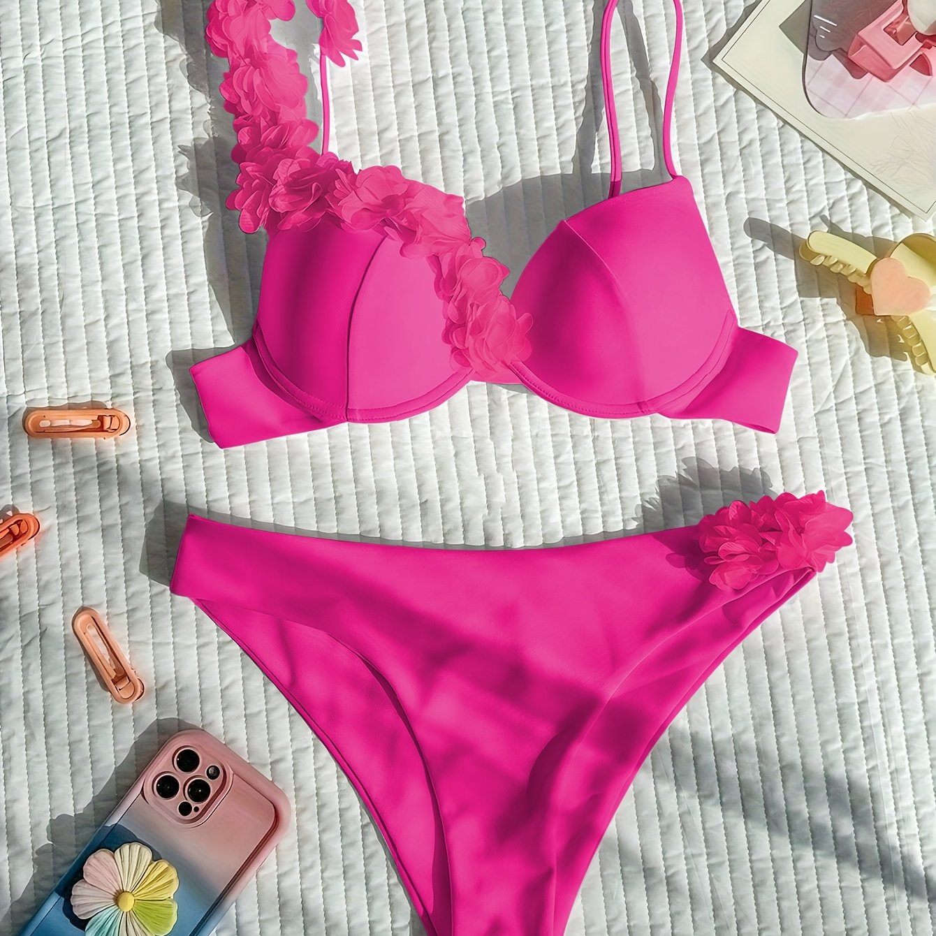 1pc Sexy Floral One-Shoulder Bikini Set, High Stretch Polyamide 80% Elastane 20%, Solid Color Knit Fabric Swimwear