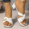 Women's White PU Cover Slip-On Sandals - Chunky Mid-Heel Open-Toe Summer Shoes with Cushioned Insole & TPU Sole, Comfortable Casual to Dressy Versatile Footwear (Extended Sizes Available)
