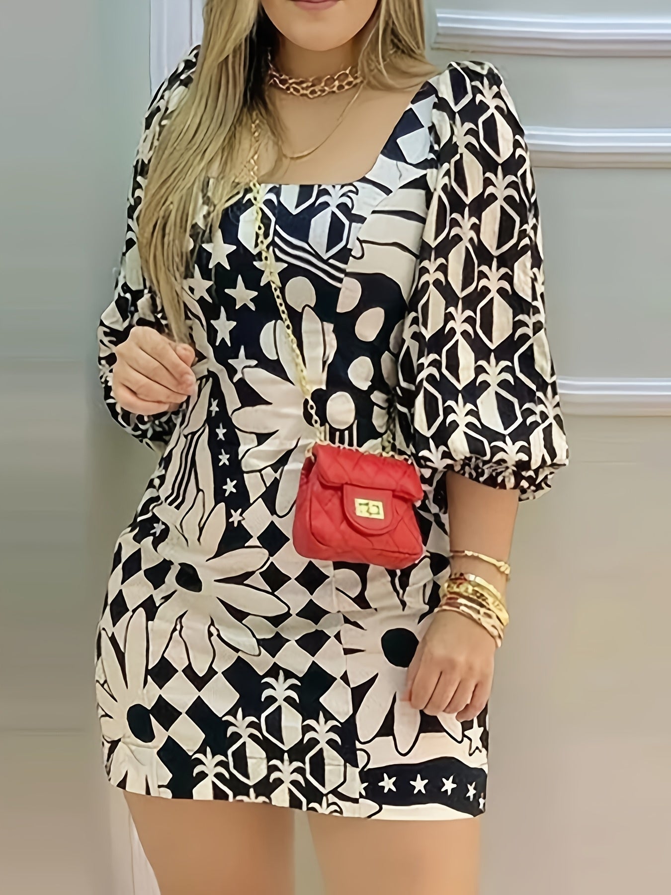 Elegant Women's Geometric Pattern Dress - Chic Square Neck, Half Sleeve, Bodycon Mini in Black & White - Polyester, Non-Stretch, Machine Washable for Spring/Summer/Fall Fashion