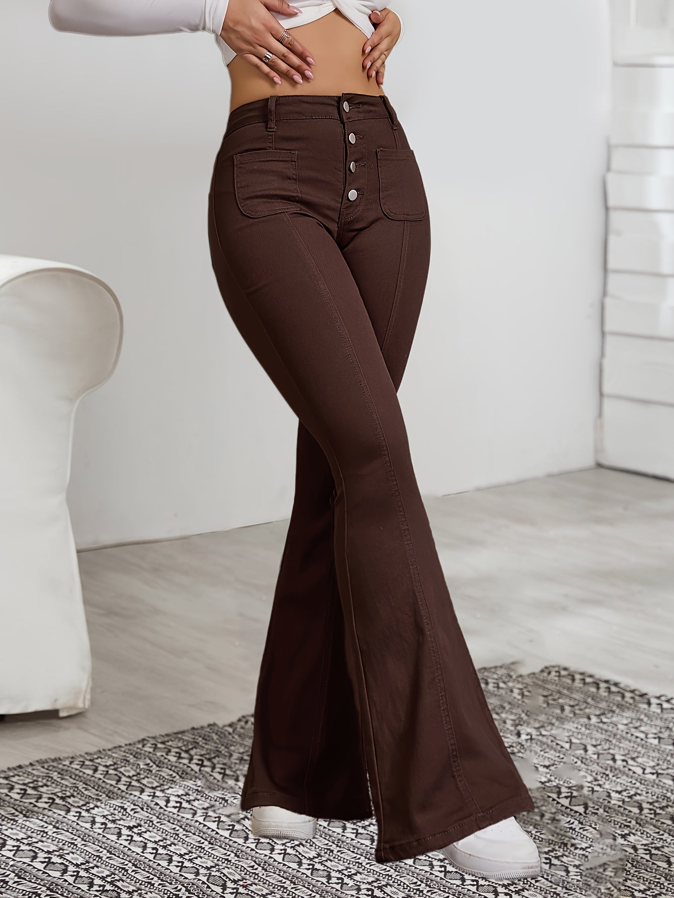 1pc Women'S High Waist Coffee Brown Flare Jeans, Casual Solid Color Denim, All-Season Long Pants with Button Fly, Skinny Fit, Washed Detail, Woven Fabric, Stretchy (98% Rayon, 2% Spandex)