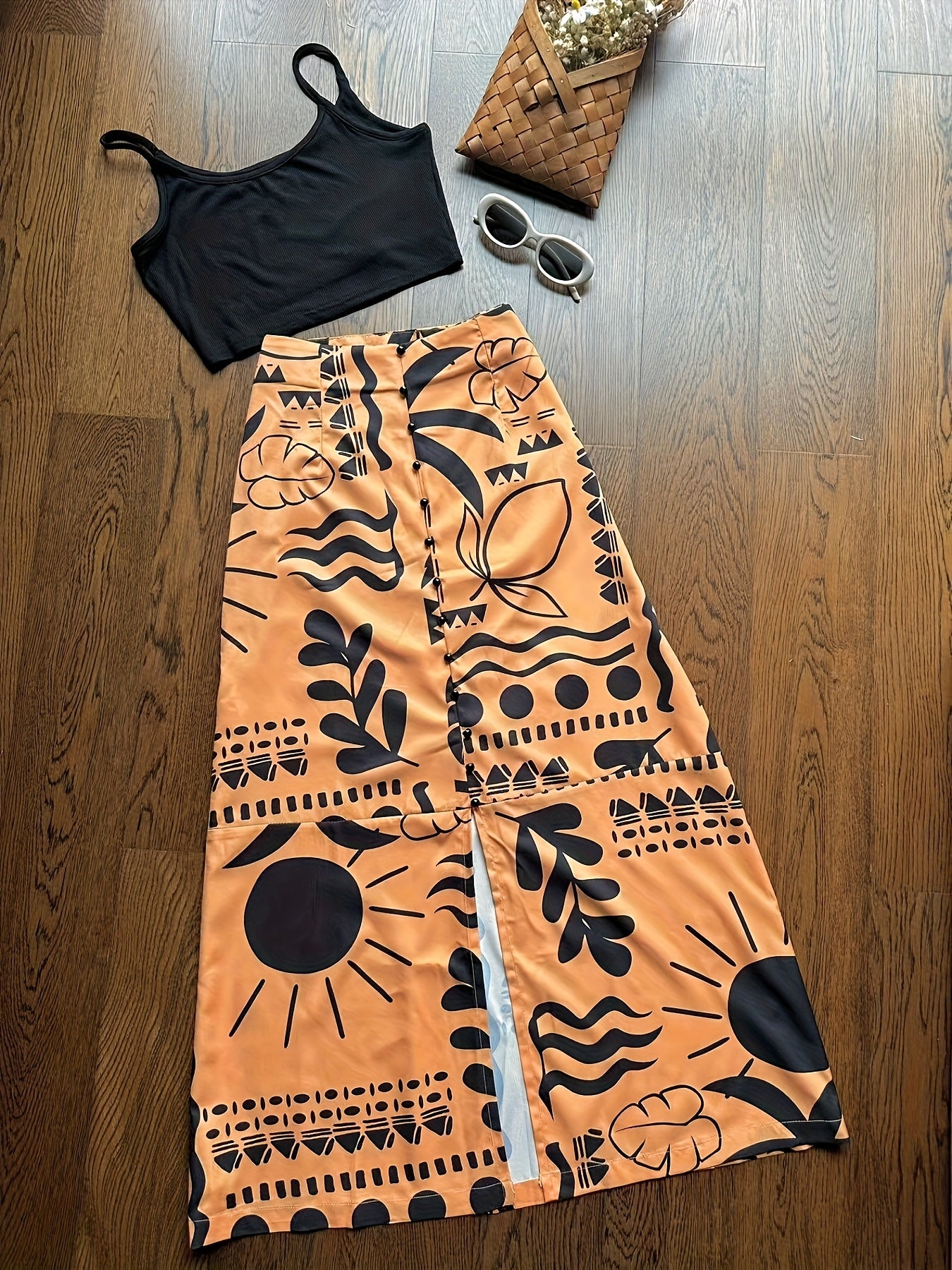 Summer Vacation Black Camisole + Print Skirt Set