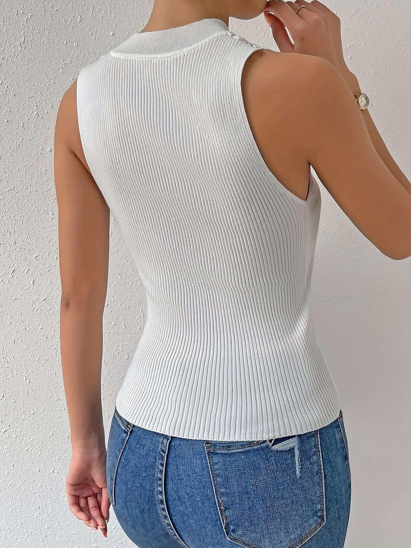 Solid Lace Applique Knitted Top - Elegant Sleeveless Mock Neck Top - Women's Clothing -  Knitted Fabric - For Women - Suitable for Parties & Casual Occasions - Perfect Gift for Her
