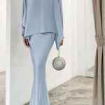 Elegant Light Blue Polyester Skirt Set - Long Sleeve, Round Neck, Flared Leg Design, Machine Washable Women's Fashion Ensemble, Elegant Outfit|Long Sleeve Ensemble|Polyester Fabric