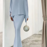 Elegant Light Blue Polyester Skirt Set - Long Sleeve, Round Neck, Flared Leg Design, Machine Washable Women's Fashion Ensemble, Elegant Outfit|Long Sleeve Ensemble|Polyester Fabric