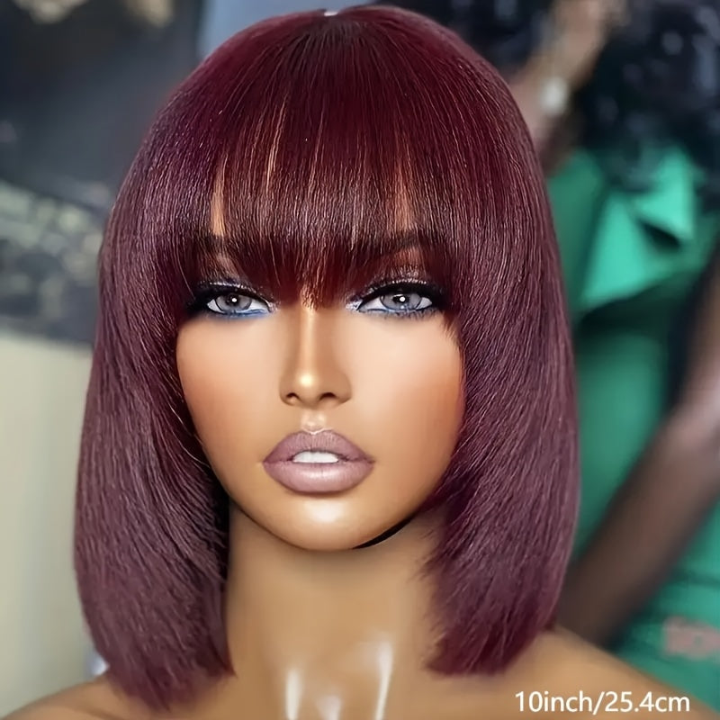 Burgundy Brazilian Virgin Human Hair Wig - 99J Short Straight Bob with Bangs, Glueless Comfort Fit, 180% Density Rose Net Cap, Natural Black Real Human Hair for Women, All Ethnicities, Perfect Gift, Short Hair Wigs, Stylish H