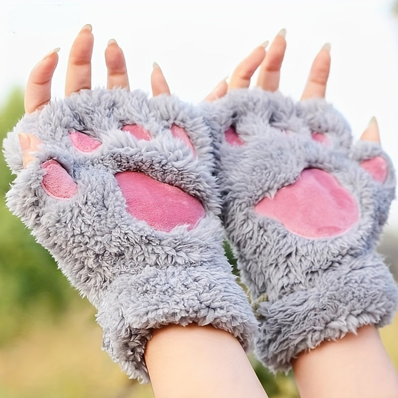 Cute Cat Claw Plush Gloves Stylish Thick Warm Half Finger Gloves Autumn Winter Soft Cozy Fuzzy Gloves