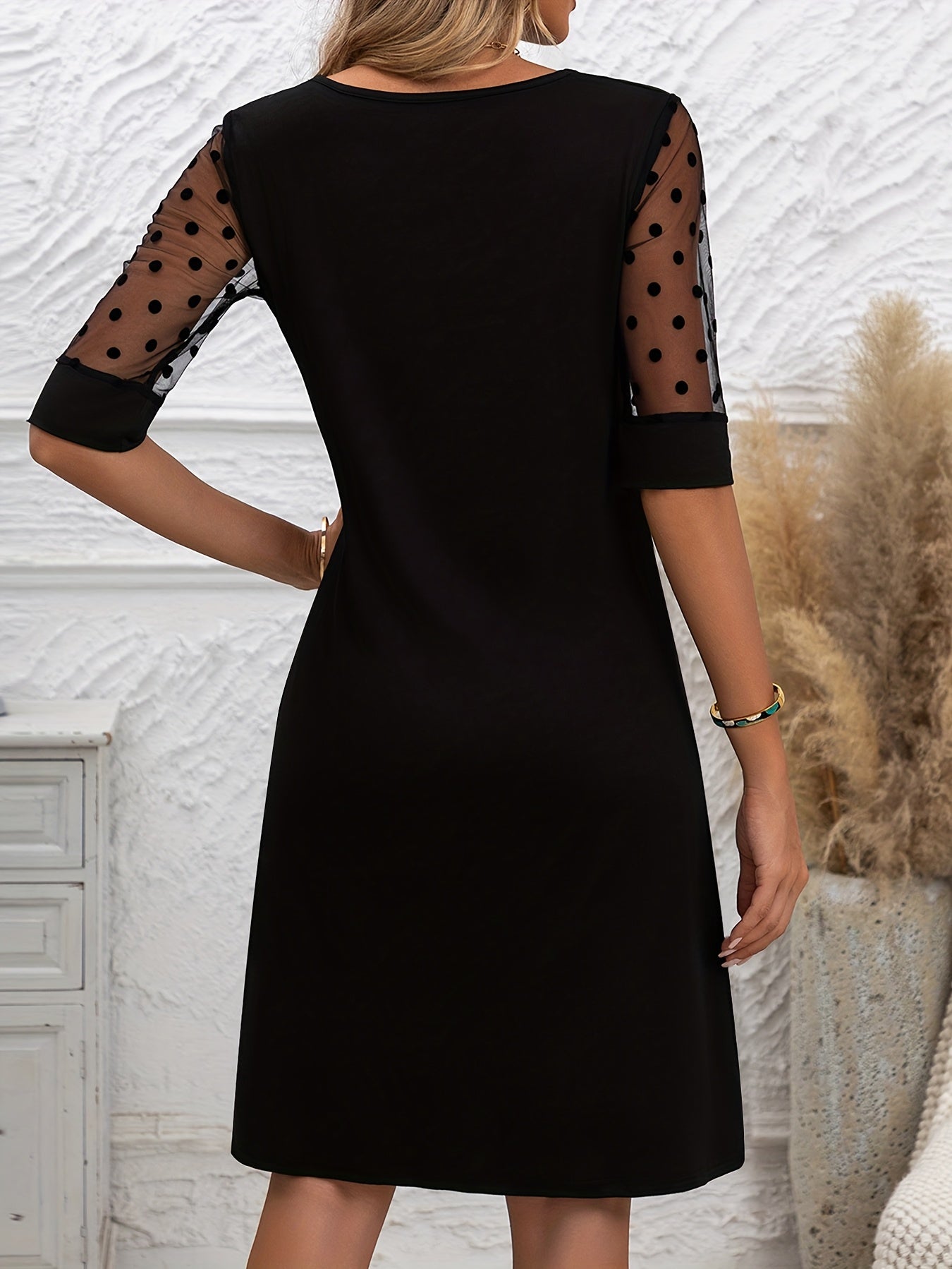 Elegant Women's Midi Dress with Contrast Lace Detail - Black, Crew Neck, Half Sleeve, A-Line Silhouette, Polyester, Spring/Summer/Fall Wear