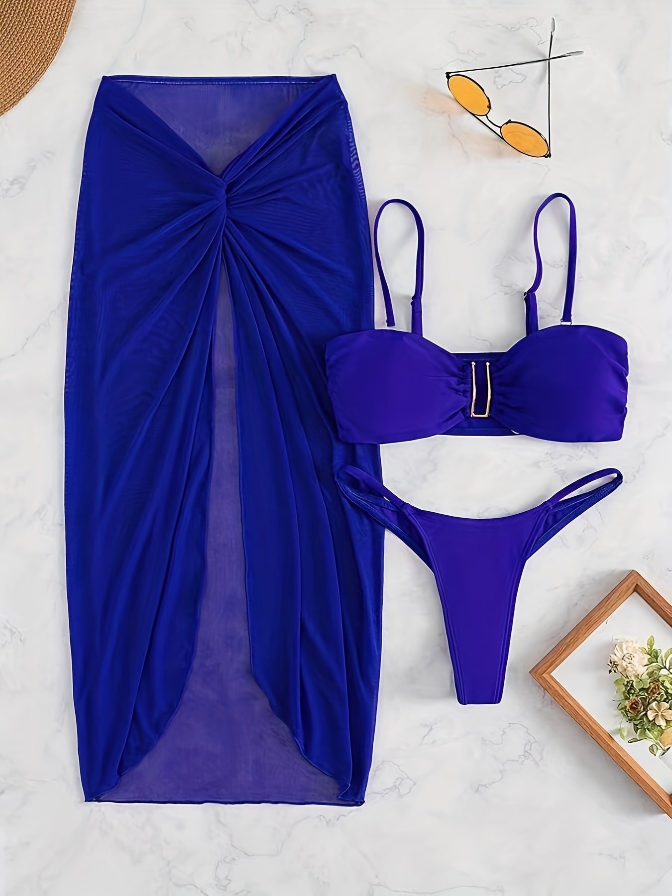 Women's 3-Piece Solid Color Bikini Set – U-Wire High Cut Thong Swimsuit with Matching Cover-Up Skirt, High-Stretch Swimwear