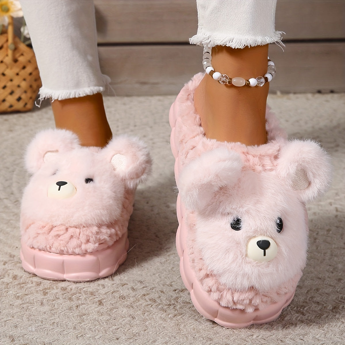 Ladies Cartoon Plush Lined Cozy Thick Sole Home Slippers, Honey Girl Style, Easy Slip-On, Cartoon Pattern, Winter Comfy Fabric Footwear with EVA Sole, European & Southeast Asia Special - Ruian Origin