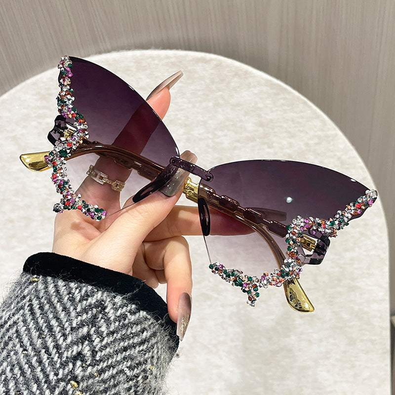 Chic Butterfly-Shaped Rimless Fashion Glasses with Sparkling Rhinestone Accents - Large Frame, Anti-Reflective Polycarbonate Lenses for Women - Ideal for Parties, Fashion Shows & daily events
