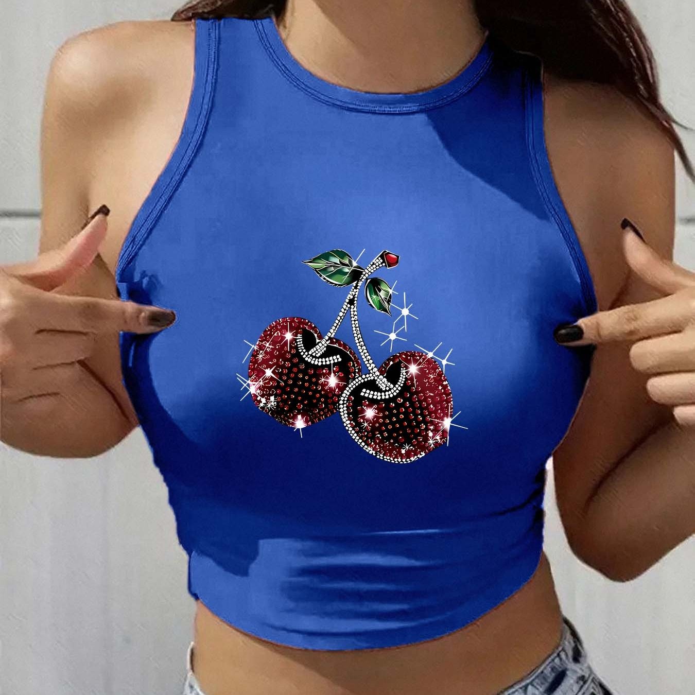 Ladies' Y2K Fashion Round Neck Sleeveless Tank Top, Trendy for Spring And Summer, Suitable for Street Style, Featuring Light Luxury Patterns And Prints. Ideal for Artistic Women, Commuting, Work Attire, Festive Parties, with