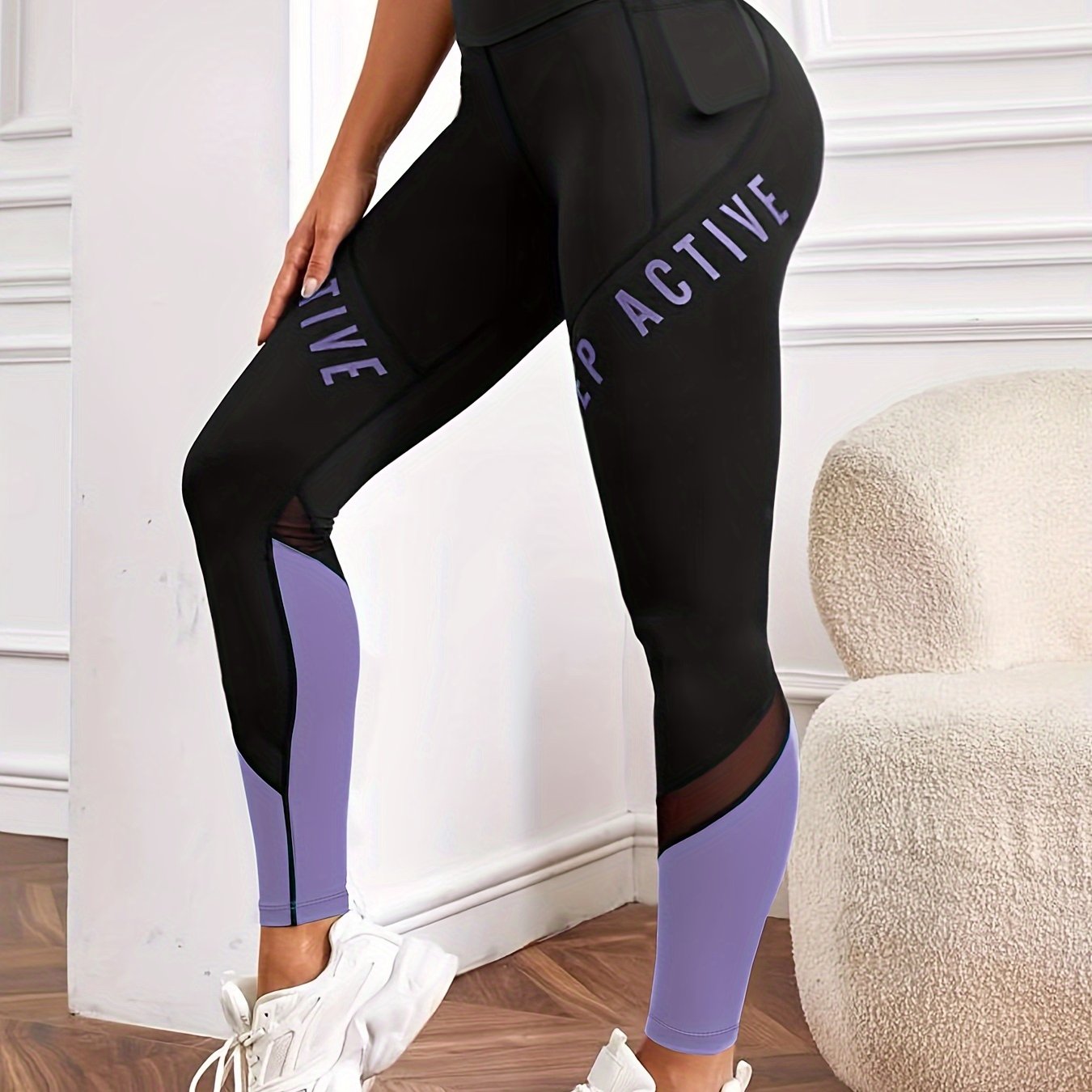 Casual Women'S Color-Blocked Mesh Patchwork Letter Print Pocket Comfortable Elastic Waist Versatile Tight Yoga Leggings.