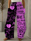 Women'S High-Waisted Casual Palazzos, 3D Heart & Letter Print, All-Over Pattern, Loose Fit, Wide Leg, Long Length, Non-Stretch Polyester, 120g/m², Woven Fabric, All-Season, with Pockets, Trendy Dance & Sport Style