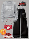 Women's Brooklyn New York Letter Print Sweatshirt Set - Casual Gray Long Sleeve Crewneck & Black Cargo Pants with Pockets, Polyester Blend, Perfect for Fall/Winter
