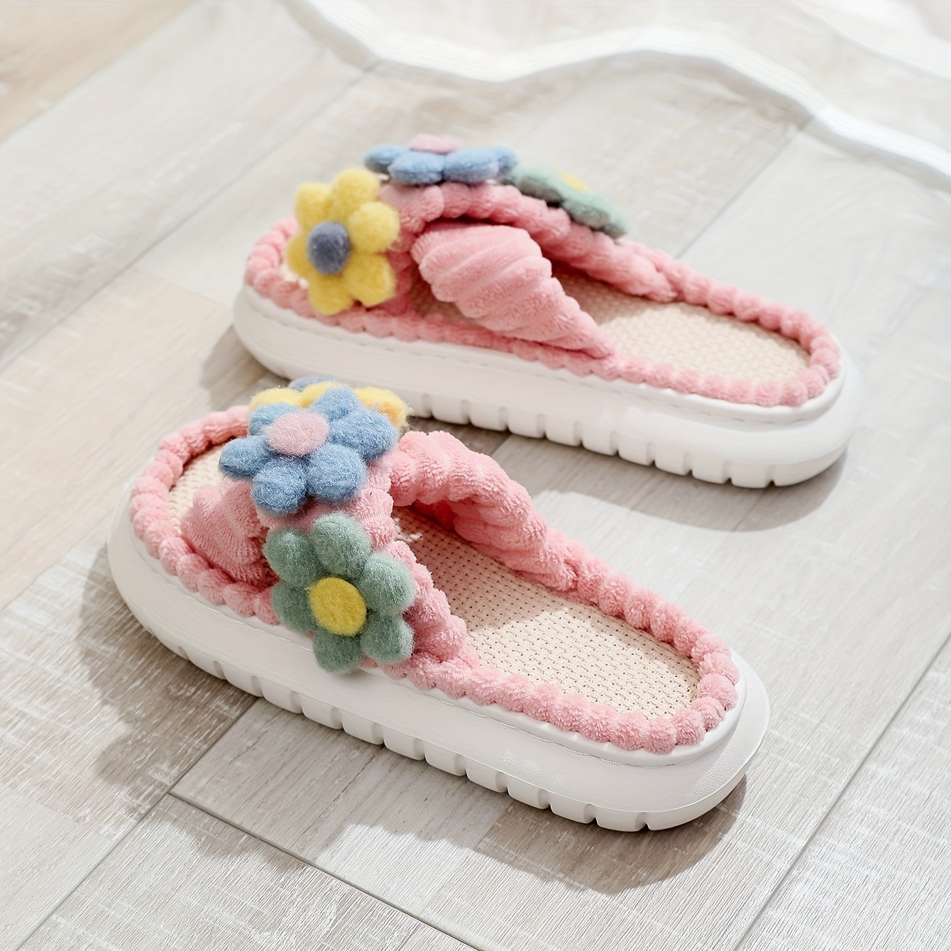Vibrant Floral Print Slip-On Slippers - Soft Fabric Upper, Crisscross Band, Open Toe, EVA Sole, Comfy Linen Platform, Cozy Home Shoes for Relaxation