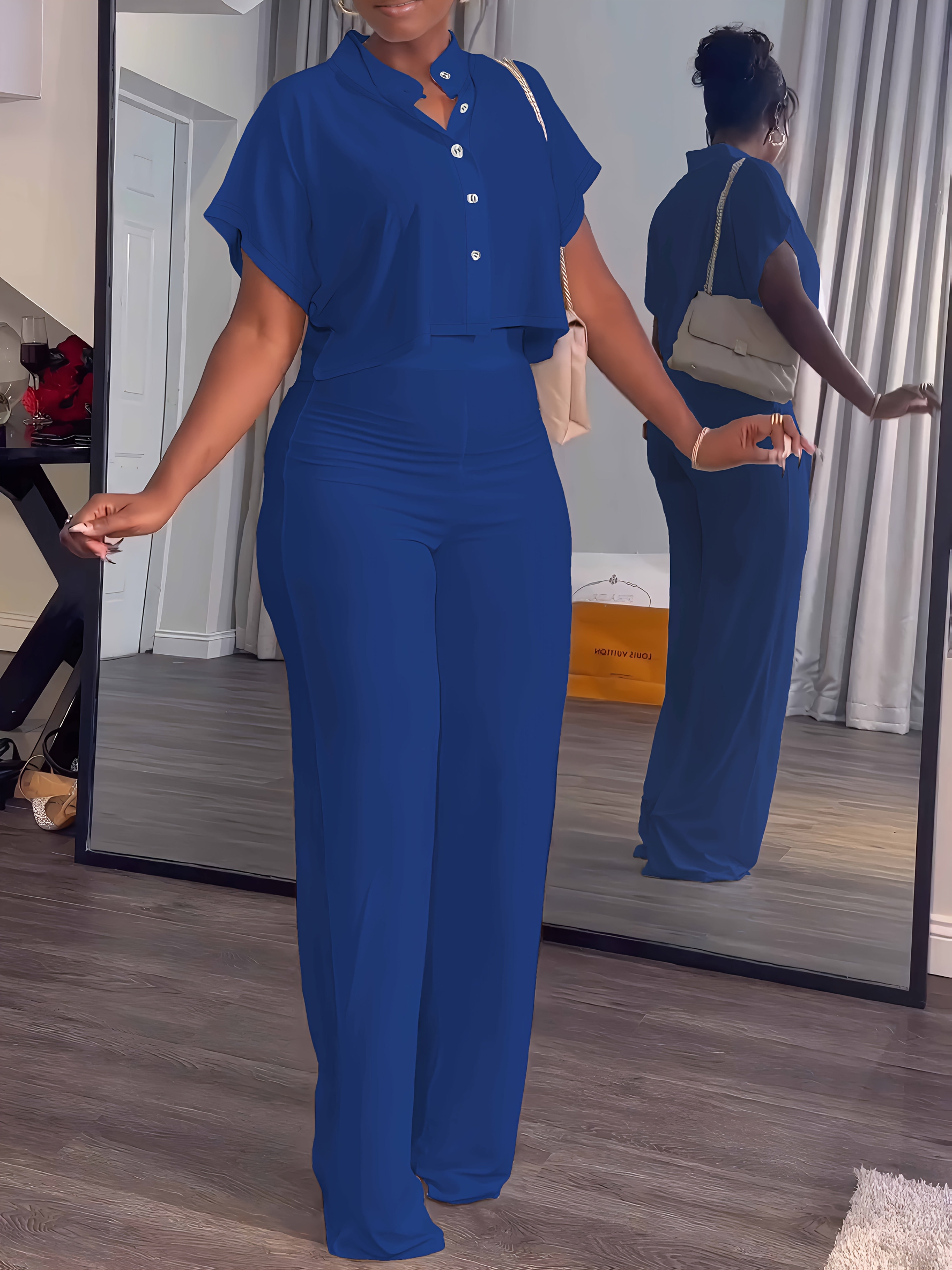 Women's Summer 2pcs Outfits Casual Tracksuit Short Sleeve Button Crop Top Wide Leg Long Pant Lounge Sets