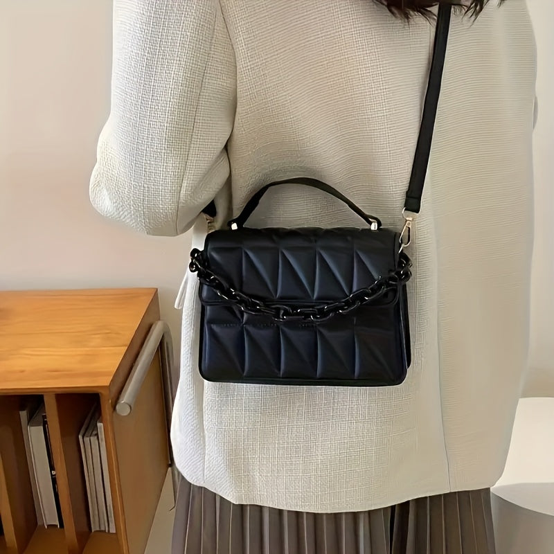 Fashionable Mini Embossed Crossbody Bag for Women - Stylish Pure Black Shoulder Bag with Magnetic Closure.