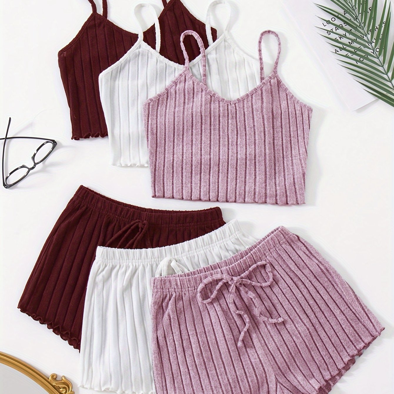 Three Sets for Spring And Summer, a Total of Six Pieces, Women'S Solid Color Camisole And Shorts Sleepwear Set.