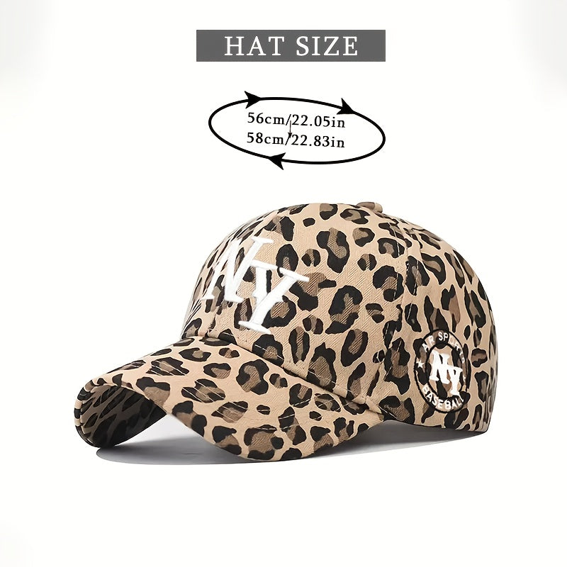 Leopard Print Baseball Cap, Breathable Adjustable Trucker Hat with Embroidered "NY" for Women & Men