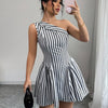 Women's Elegant Striped Asymmetrical Shoulder Sleeveless Mini Dress - A-Line Machine-Washable Spring Summer Fall Casual Chic Dress for Women, Seasonal Fashion | Nontransparent Fabric, Cute Dress