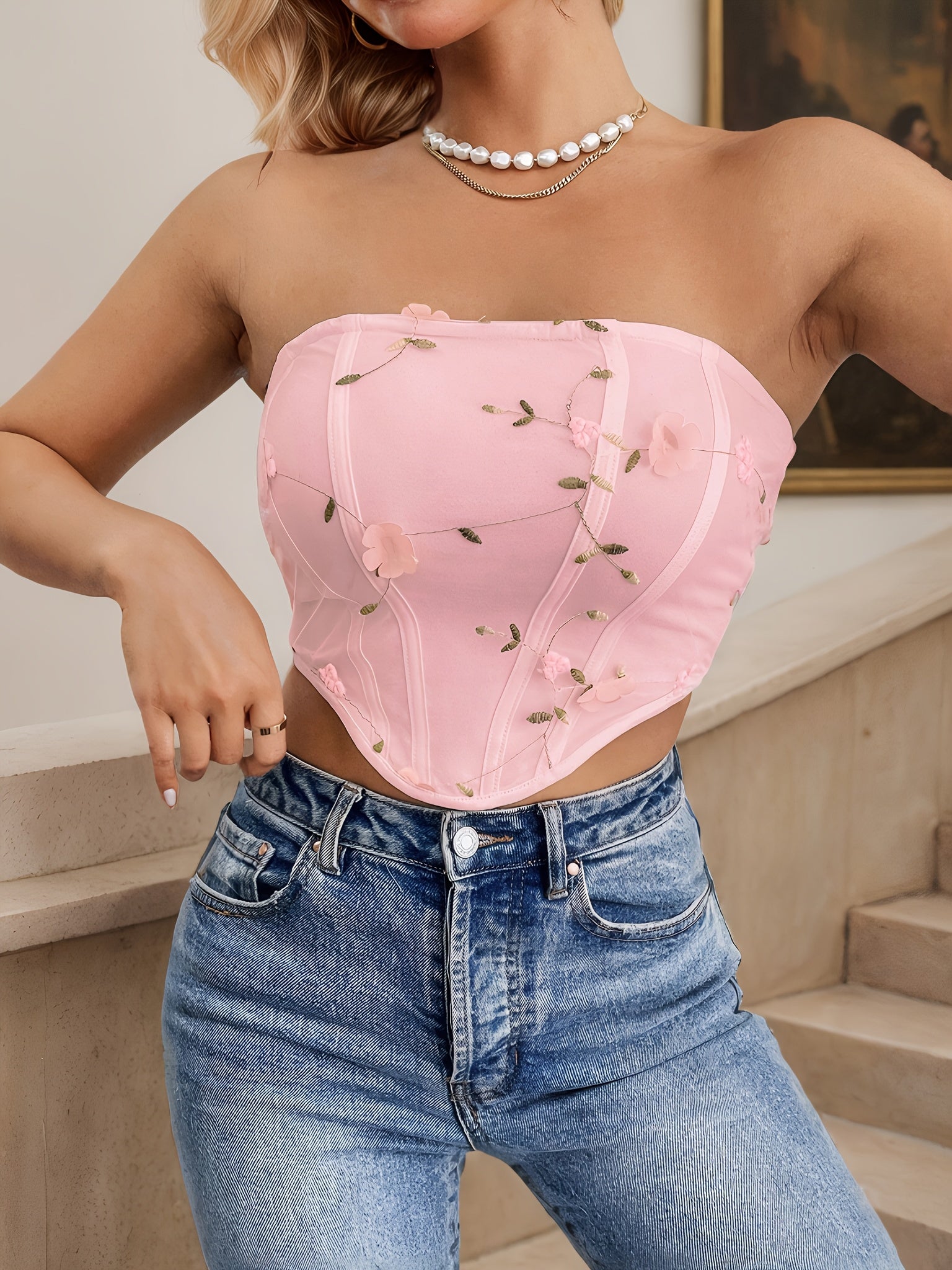Chic Pink Floral Tube Top - Women's Sexy Off-Shoulder Crop Vest, Semi-Sheer Nylon/Polyester Blend, Perfect for Summer Fashion