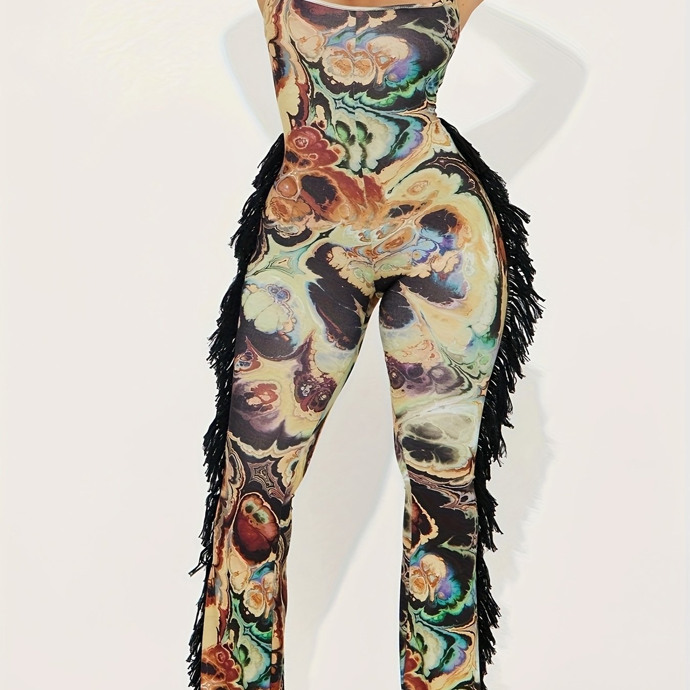 Print Sleeveless Jumpsuit for Women - Elegant V-Neck with Floral Print, Fringe Detail, and Ruffled Hem, Perfect for Summer, Allseason Jumpsuit|Vneck Jumpsuit|Trendy Women'S Jumpsuit