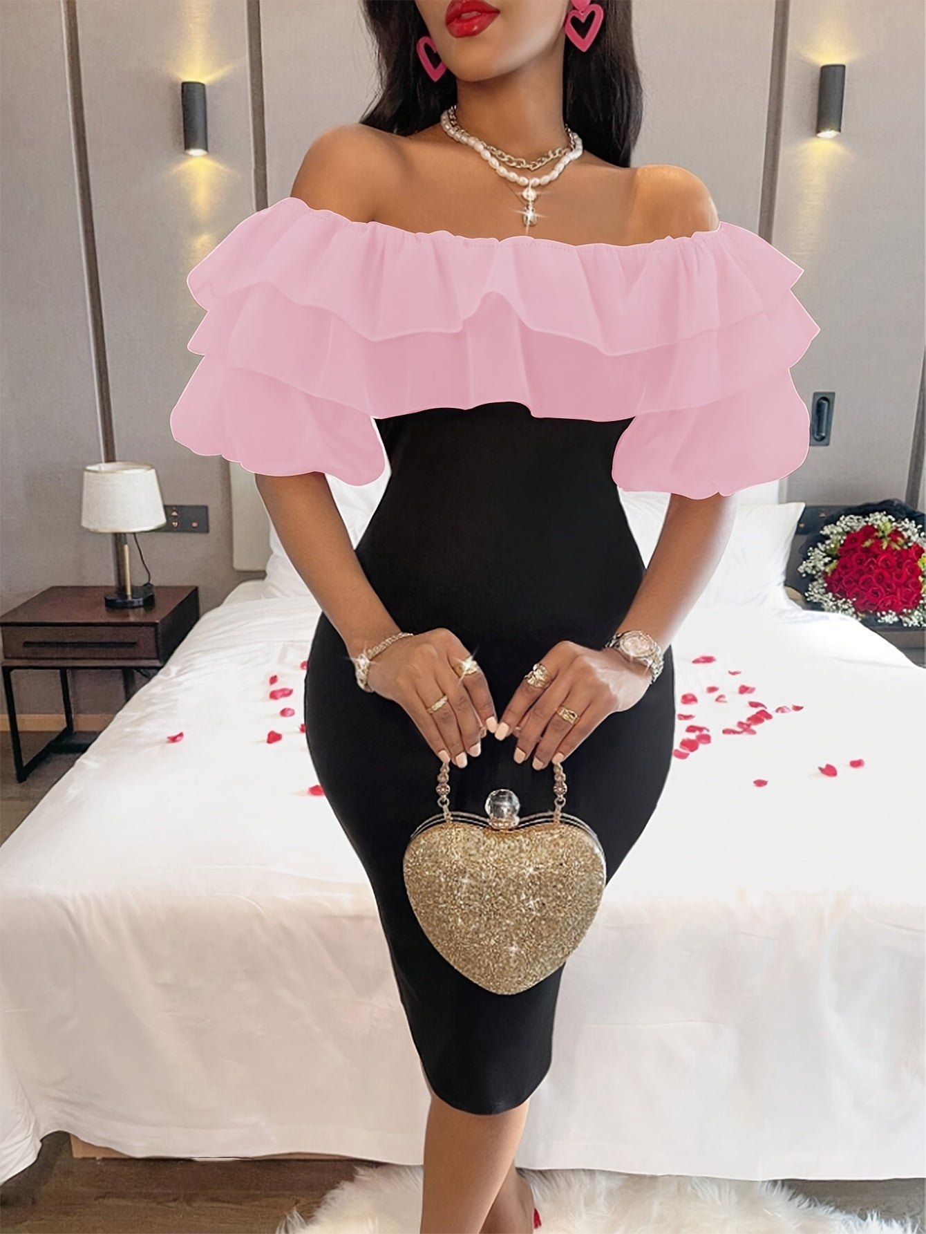 [Stretchy Comfort] Elegant Red Off-Shoulder Ruffled Dress for Women - Stretchy Bodycon Midi with Side Slit, Valentine’s Day Special Occasion, Machine Washable, Form-Fitting Design, Elegant Event Clothing | Ruffled Bodice |