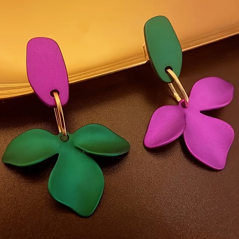 Elegant Asymmetrical Purple & Green Flower Drop Earrings - -Plated Alloy, 925 Sterling Silver Hooks, Perfect for Daily Wear, Parties, and Concerts, Everyday Earrings|Asymmetrical Earrings| Plated Earrings