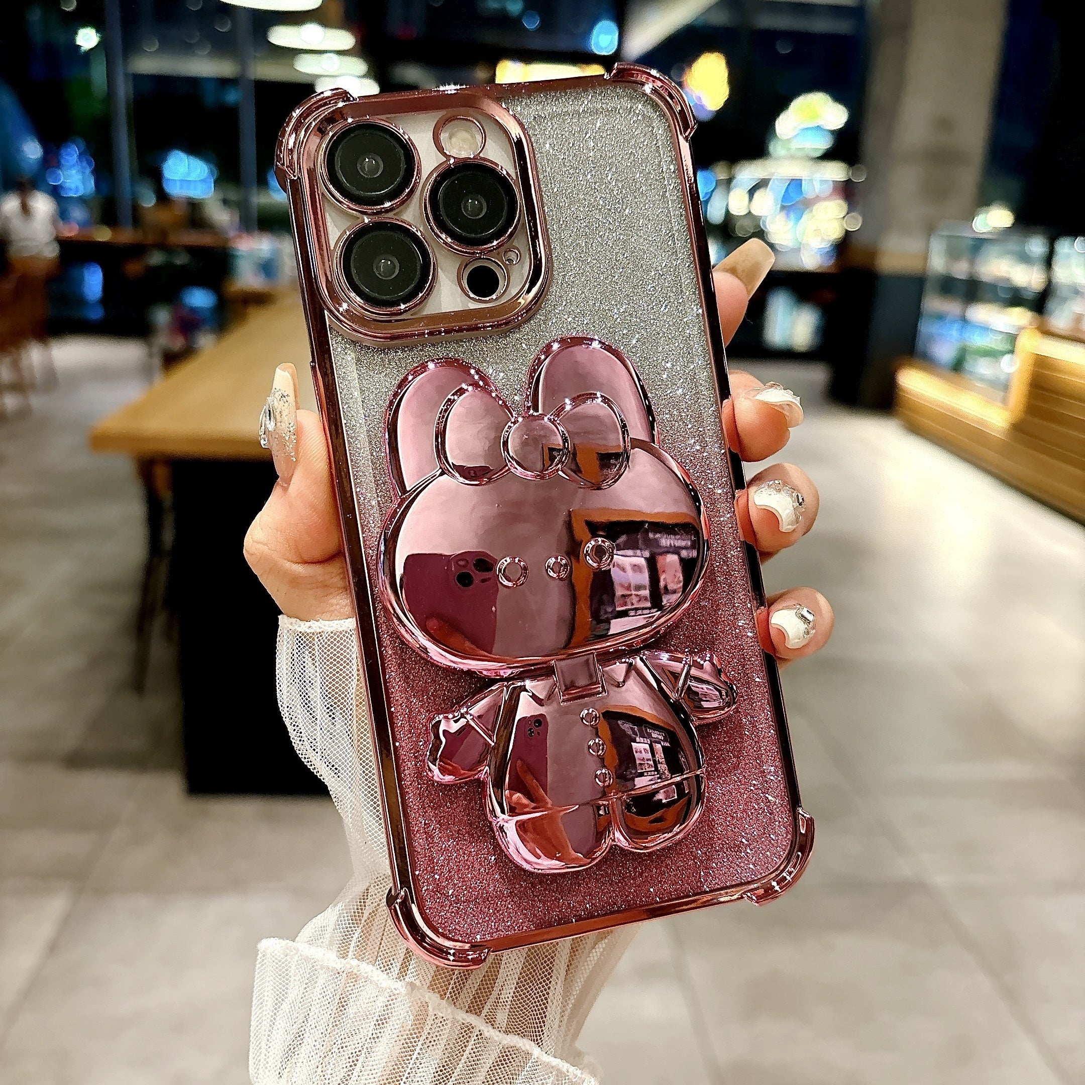 New Luxury Diamond-Inlaid Sparkling Invisible Makeup Mirror Mobile Phone Holder with Lens Protection, Cute Rabbit Holder Mobile Phone Case, Suitable for iPhone11/12/13/14/15/16 Pro Max/plus Mobile Phone Case Luxury Halloween-