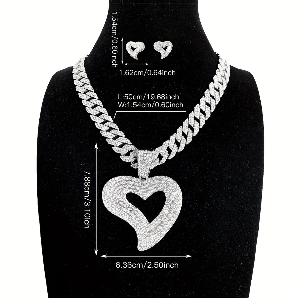 Y2K Elegant Rhinestone Heart Pendant Necklace and Earrings Set - Synthetic Jeweled Cuban Link Chain - Zinc Alloy Jewelry for Daily & Festival Occasions - Ideal Valentine's Gift