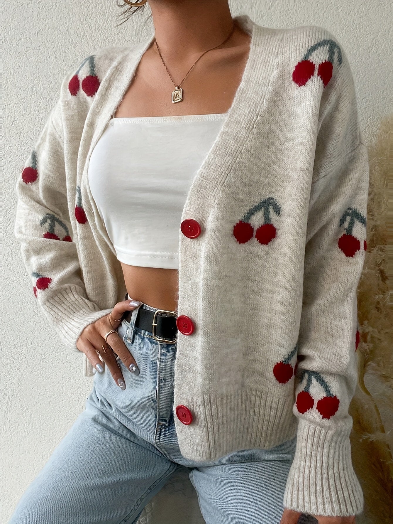 Elegant Cherry Pattern Knit Cardigan for Women - Soft Acrylic Blend, Open Front, Long Sleeve, Cozy Autumn Style with Red Cherry Design on White Background, Cherry Decor