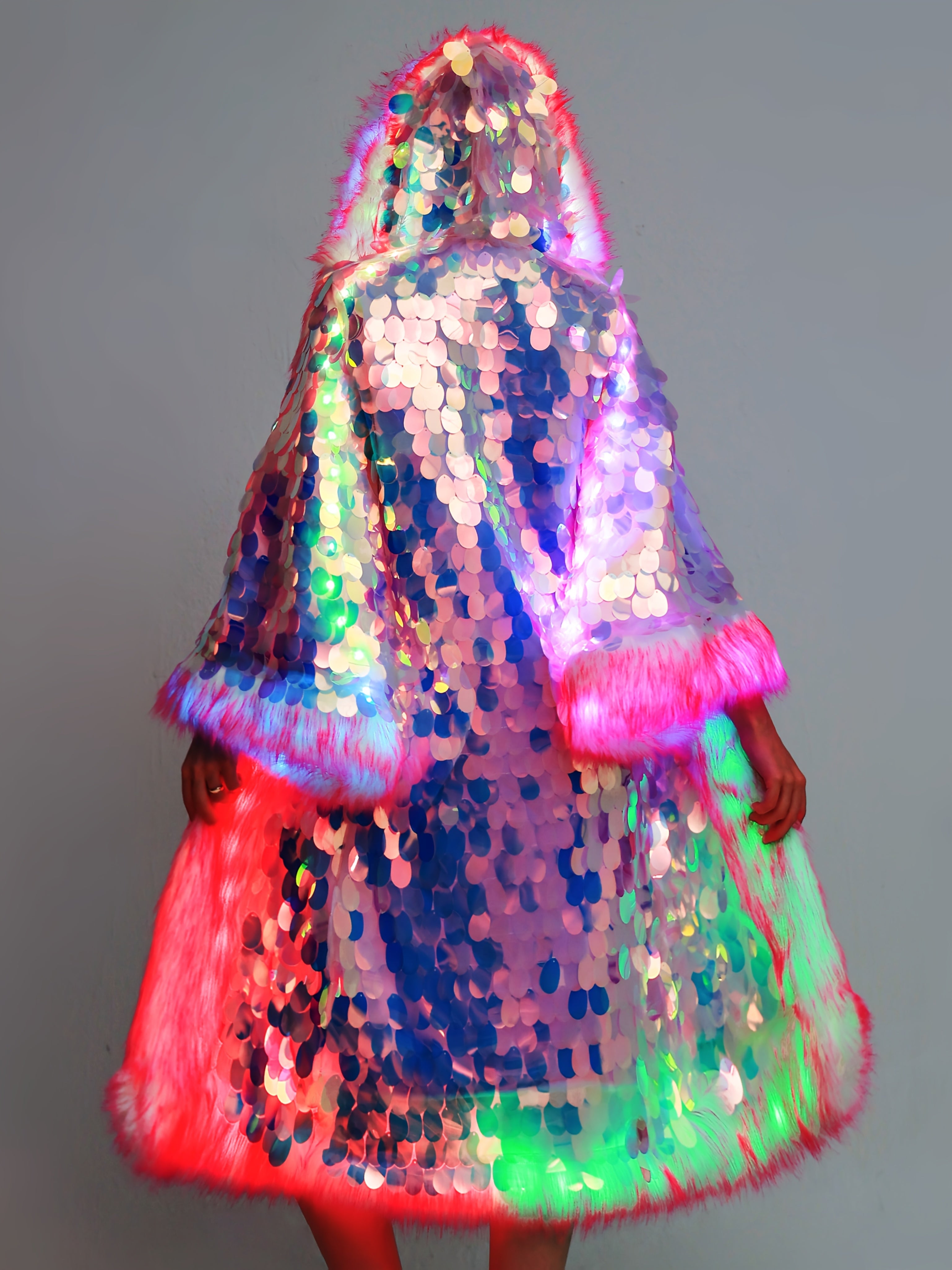 Women's LED Sequin Faux Fur Coat - Long Hooded Festival & Cosplay Outfit, USB-Powered, Flare Sleeves, Mermaid Tail Design, Vibrant Pink to Blue Gradient (Batteries Not Included), Cosplay Costume | Sequin Embellished | LED Lit