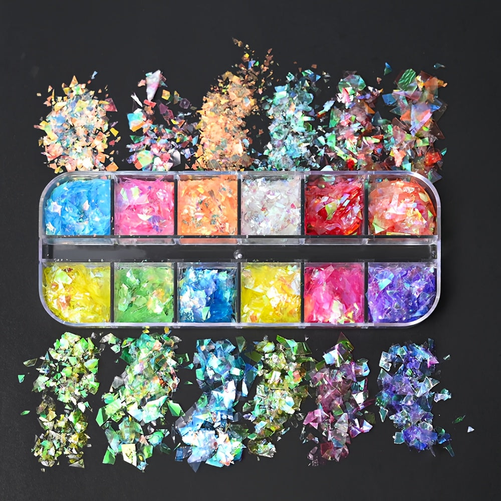 12Grid Nail Art Sequins - Ultra-Thin Large Sequins, Luminous Irregular Cut Glitter Pieces Holographic Rainbow Colors for Sparkly Manicures