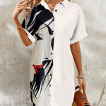 Elegant Women's Portrait Print Shirt Dress - Chic Button-Up Cardigan with Short Sleeves, Polyester, Machine Washable, Ideal for Spring/Summer