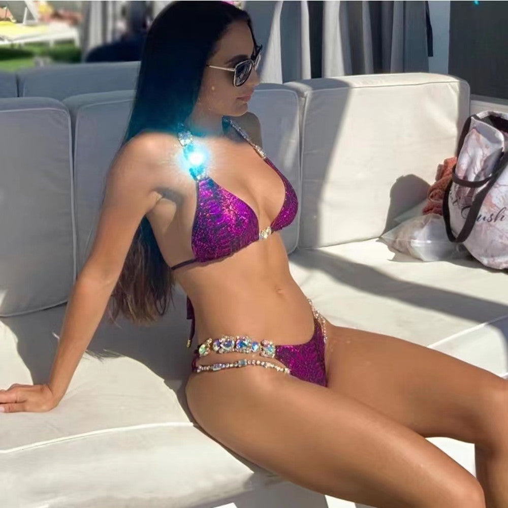 2025New Bikini, Sexy Snake Print Crystal Diamond Women'S Split Swimsuit, Beach Swimsuit