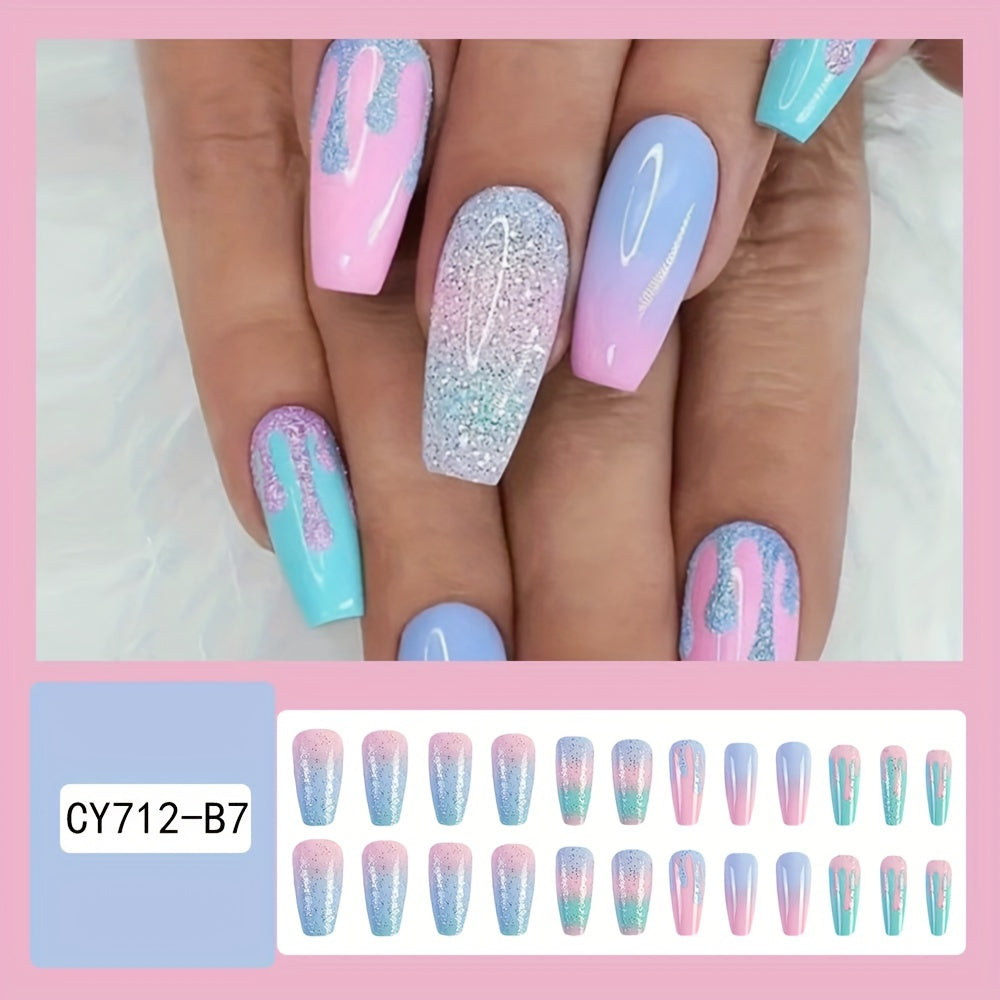 24 Pcs Medium Long Coffin Press On Nails, Pinkish Glitter Fake Nails, Glossy Artificial False Nails