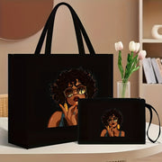 Elegant beauty print satchel set, 2pcs lady portfolio handbag, with makeup bag, lightweight and large capacity, very suitable for work, school, shopping, gifts
