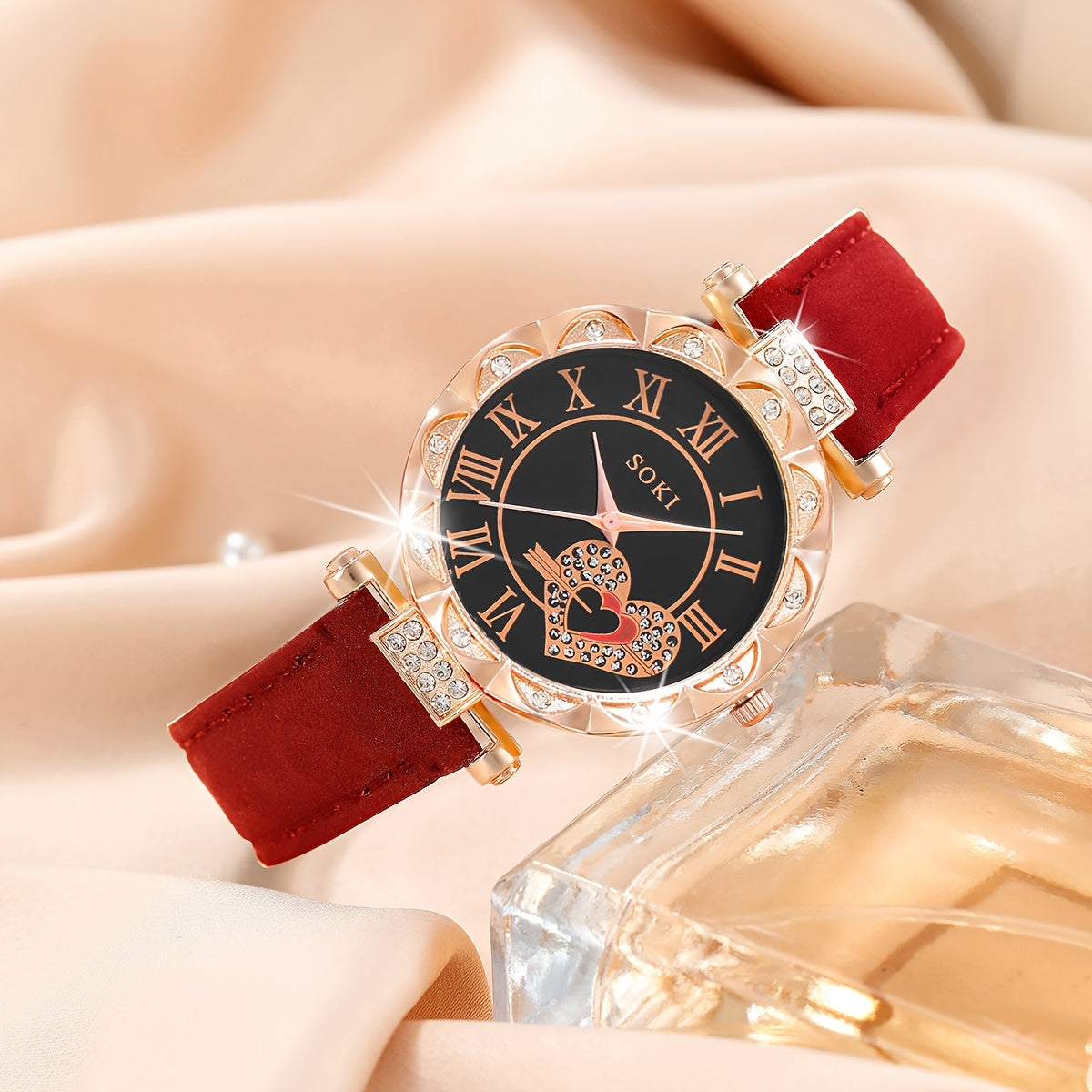 Ladies Watch 5pcs/Set Women's Pu Strap Quartz Watch with Bejeweled Dial And Rhinestone Necklace Earings Rings & Accessories Gift Set Mother's Day Women Party Holiday Birthday Wear Or As Sisters The Best Gift for A Lady No Box