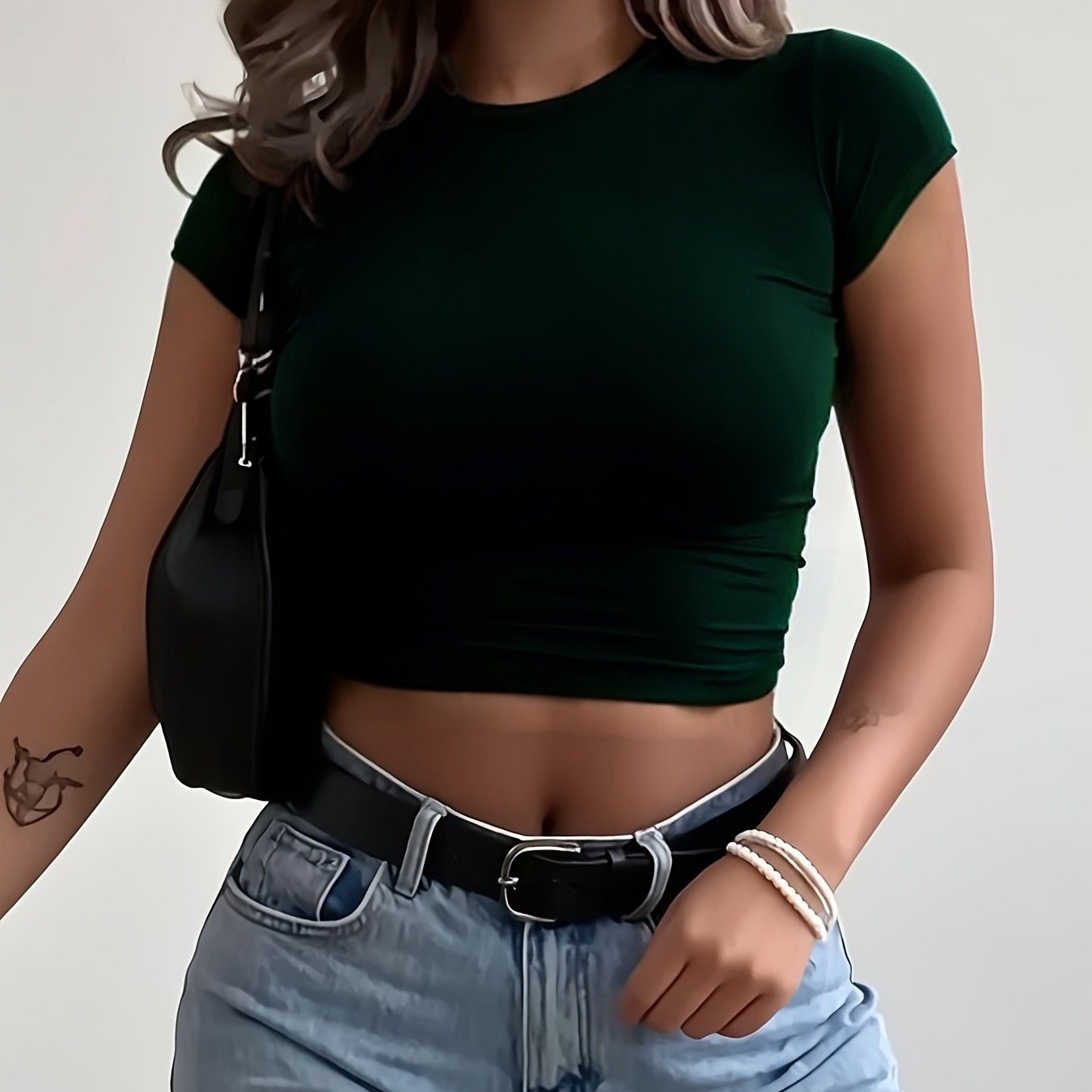 Women'S Slim-Fit Stretch Short Sleeve Crop Top - Solid Color Black, Casual Round Neck T-Shirt, Machine Washable, Perfect for Spring, Summer & Fal