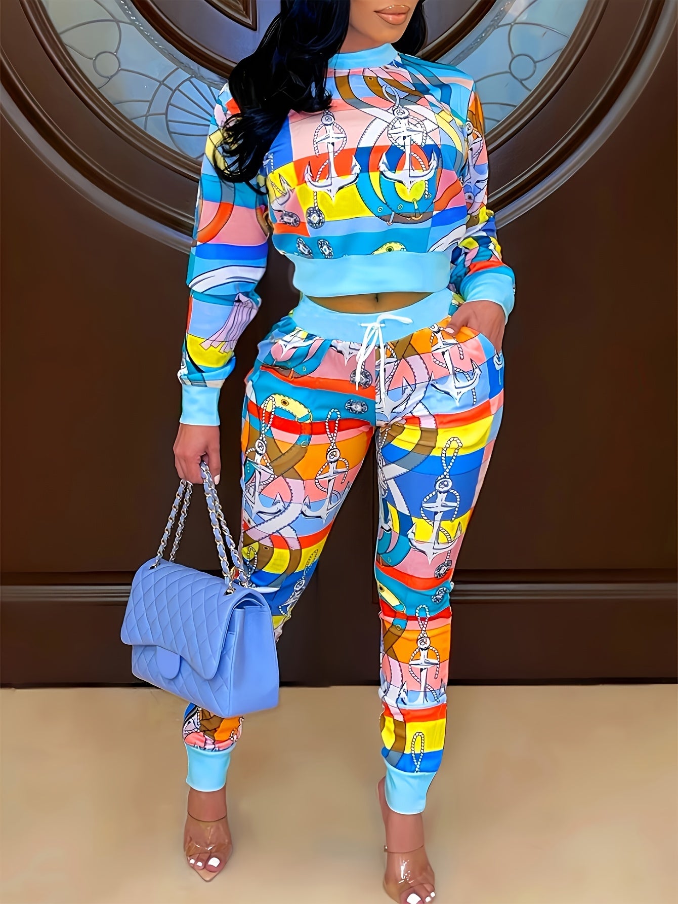 Women's Fashion Spring Long Sleeve Top, Long Pants, Funky Two Piece Set - Casual Wear, Fashionable Prints, Comfortable Drawstring Waist, Thin And Thick - Women's Versatile Work Commute, Daily Fashion Street Suit.